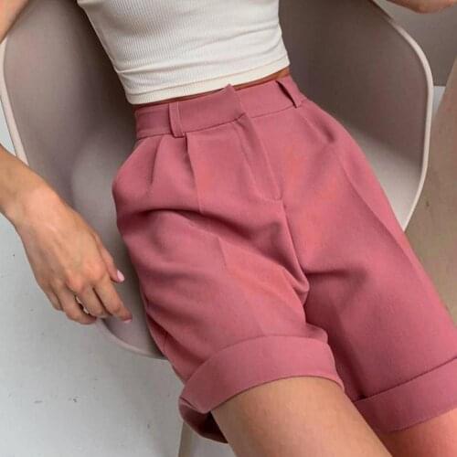 2021 Fashion High Waist Shorts Women Suit Short Pants Solid Color Zipper Elegant Straight Leg Pockets Crimping Shorts for Office