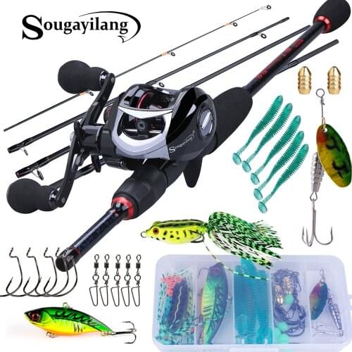 Sougayilang 1.8-2.4M Fishing Rod and 18+1BB Baitcasting Fishing REEL Set with Fishing Line Lure Hook Fishing Tackle Full Kit