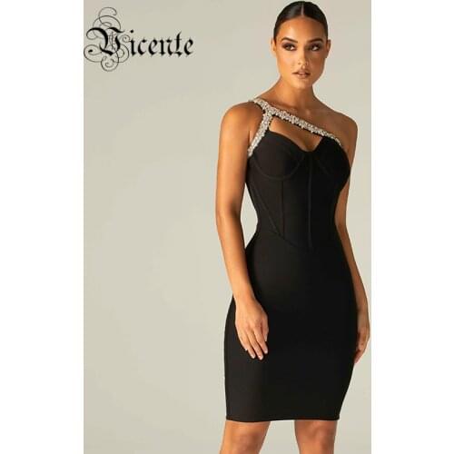 VC Trendy Black Mini Dress Crystal Beads Design Sexy One Shoulder Sleeveless Celebrity Party Club Bandage Vestido