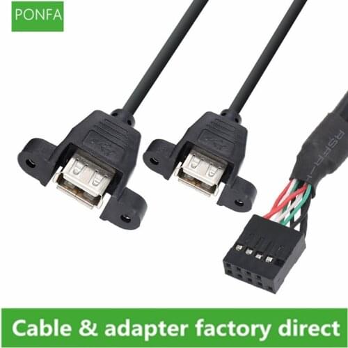 Motherboard Internal 9pin Pitch 2.54mm to Dual Port USB 2.0 A Female Screw Lock Panel Mount Cable 30cm/50cm