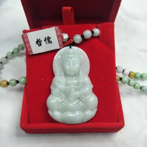 Zheru Jewelry Pure Natural Jadeite Carved Light Green Guanyin Pendant Tricolor Jade Bead Necklace Send Class A Certificate