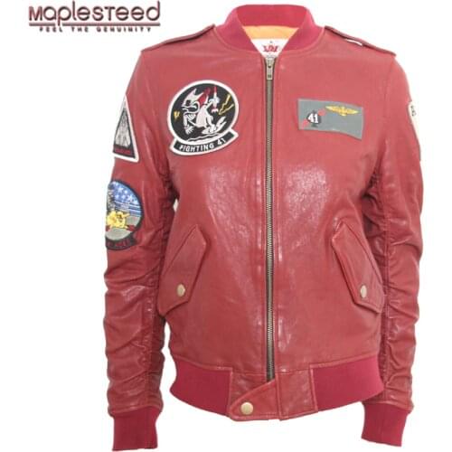 MAPLESTEED Women Leather Jacket Top Gun Fighting Jacket Pilot Coat Veg Tanned Leather Jacket Patches Slim Motorcycle Jacket M119
