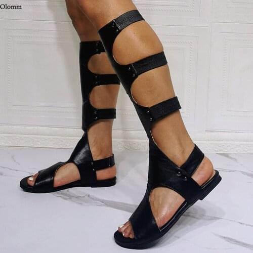 Olomm Handmade Women Bohemia Summer Sandals Flat With Heel Open Toe Elegant Black Casual Shoes US Size 5-15