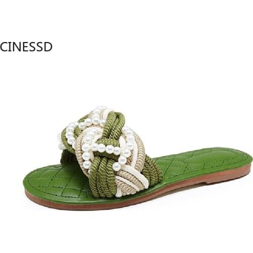 Genuine Leather Women Slippers Pearls With Straw Rope Slides Women Sandalias Real Leather Soft Sheepskin Leather Flats Slippers