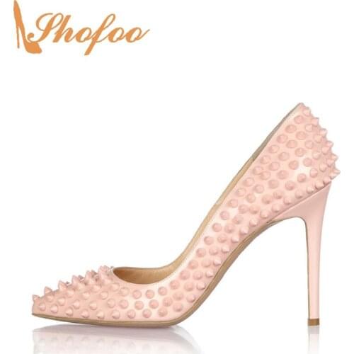 Women Sweet Pink Studded High Heels Pumps Pointed Toe With Rivet Dress&Party&Office&Wedding Shoes Large Size 4-15 Shofoo 2021