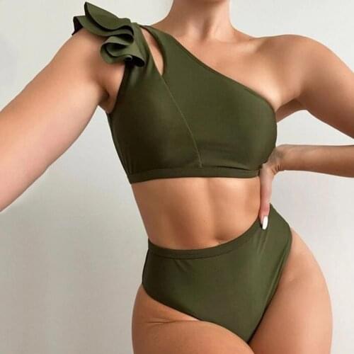 1Pcs Shoulder High Waist Bikini Female Swimsuit Women Swimwear Two-pieces Bikini set Bathing Suit Swim V2635