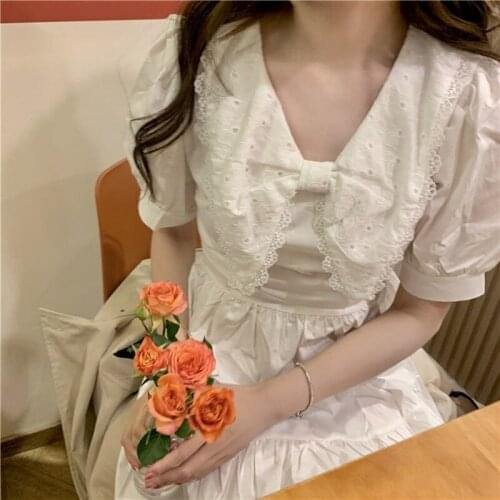 Bella Summer Korean Kawaii Clothes Women Puff Sleeve V-neck Sweet Cute Mini Dress Patchwork A-line Bowknot Lace Sundress 2021