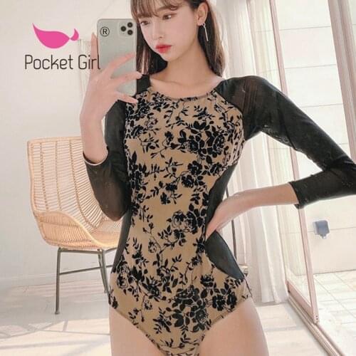 Pocket Girl 2021 Korean Swimwear Mesh One Piece Swimwear Women Swimwear Long Sleeve Swimsuit Bathing Suit Monokini Beachwear
