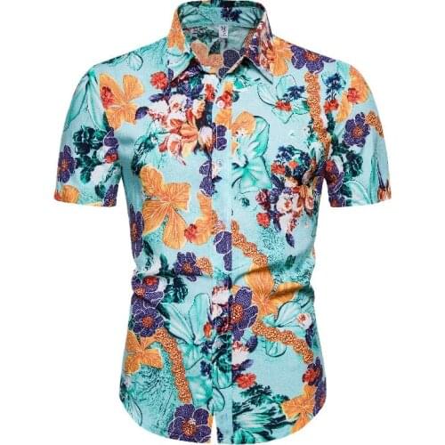 2020 Hot Sale Summer Plus size Men Floral Print Hawaiian Beach 100% Cotton Short Sleeve Shirt