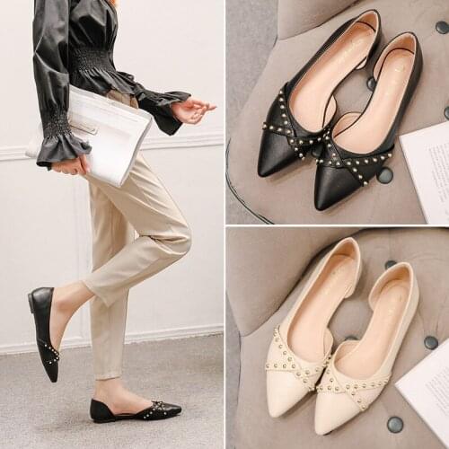 Metal studs twist-knot pointed toe flats ballet shoes women bow-tie slip on loafers sew shallow mouth moccasins over size 34-45