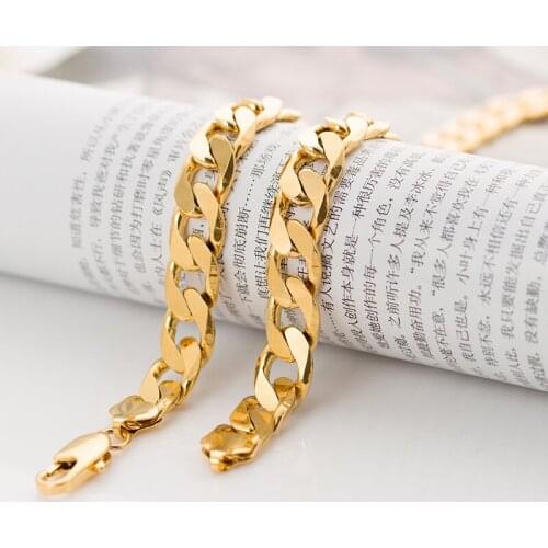 11mm Mens Boys Link Chain Flat Curb Gold Filled Necklace High Quality Gift Customize Size Jewelry