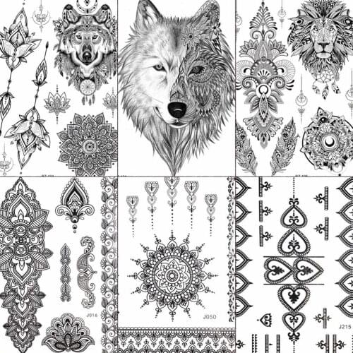 FANRUI Lion Black Henna Wolf Temporary Tattoo Sticker Lace Lotus Mehndi Hand Sexy Fake Tatoo Waterproof Body Art Arm Tattoo DIY