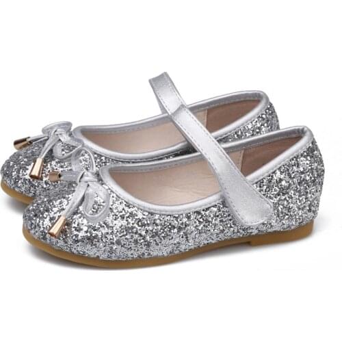 Child Dress Silver Leather Shoes For School Girls Fashion Crystal Princess Wedding Party Autumn Bow Shoes 2 5 6 7 8 9 10 Years
