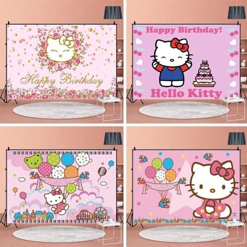 Hello Cat Happy Birthday Party Custom Background for Photo Studio Black Happy Birthday Decoration Supplies Name DIY Backdrops