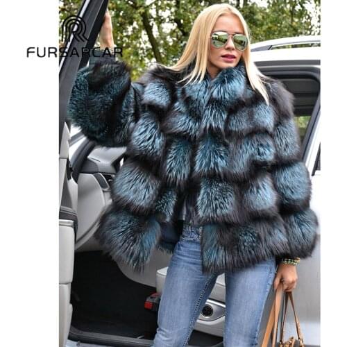 FURSARCAR 60 CM Real Fur Coat Women Winter New Natural Silver Fox Fur Jacket With Stand Collar Female Luxury Silver Fox Coat