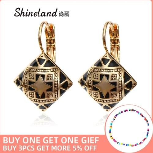 Hot New Fashion Vintage Enamel Geometric Square Drop Earring trendy bijoux Carving Flower Ethnic Ear Jewelry For Women
