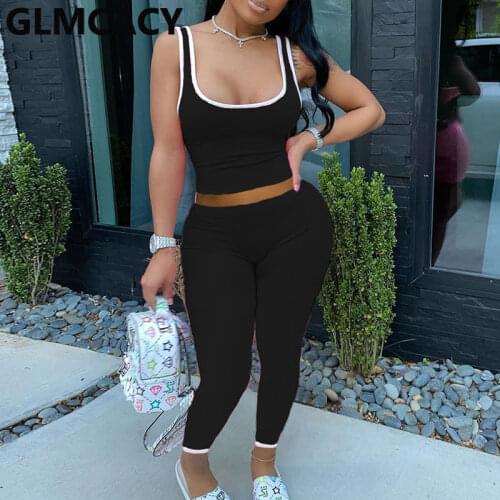 Women 2 Piece Matching Sets Sleeveless To- T-shirt & High Waist Solid Skinny Pant Casual Suits