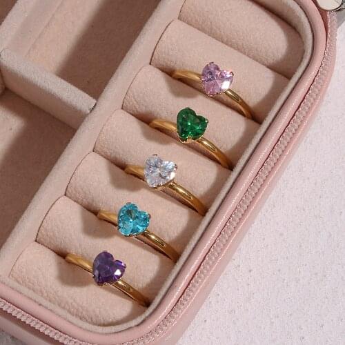 Tarnish Free 2021 Summer New Colorful CZ Heart Shape Gemstone Rings For Women Titanium Steel Gold Plated Engagement Love Ring
