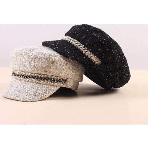 2020 New Women Hats Tweed Plaid Newsboy Caps Chain Flat Top Visor Cap Vintage Plaid Beret Cap Female Autumn Winter Hats