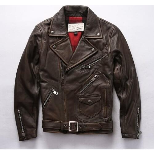 AH1956 AVFLY Read Description! Asian Size Genuine Cow Skin Coat Mens Cowhide Casual Vintage Biker Leather Jacket