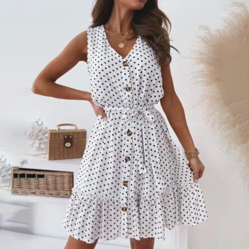 Summer Casual White Polka Dot Women Tank Dress Fashion V-neck Sleeveless Buttons Belted Office Ladies Dresses Holiday Robe Femme