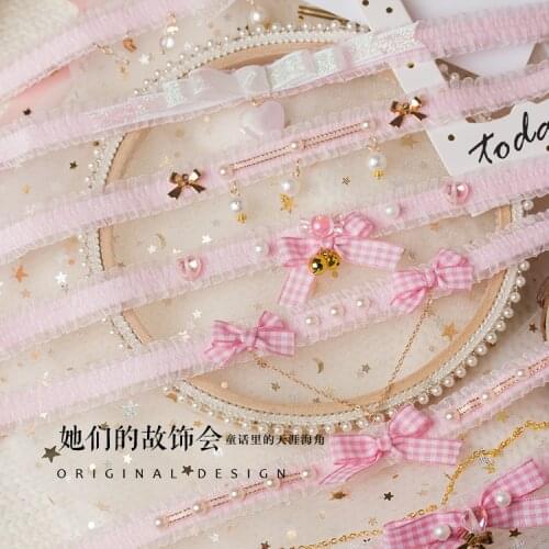Pink Suit Chains Neck Ring Origional Hand Made Pearl Bow SOFT Girl GIRLS Heart Japanese-style Choker