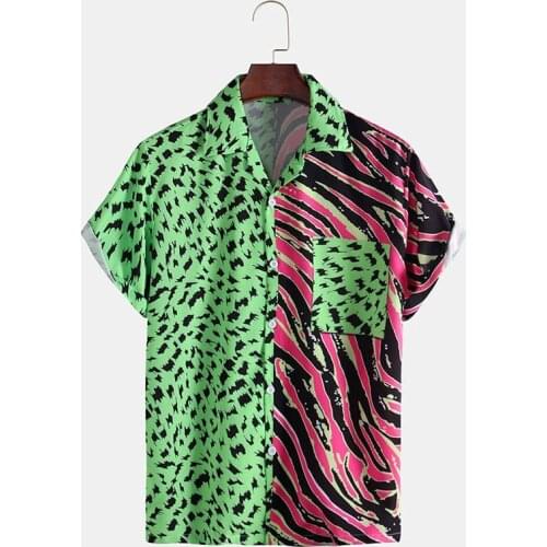 Mens Lapel Color Matching Ethnic Print Leopard Shirt Summer Casual Fashion Hawaii Beach Vacation Shirt Mens Shirt