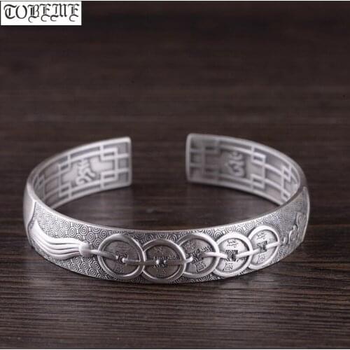 Handmade 100% 999 Silver Good Luck Bracelet Lucky Coin Symbols Cuff Bracelet Pure Silver Women Bracelet