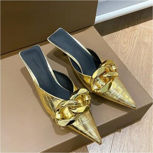 2021 New Brand Women Slipper Fashion Gold Chain Sandal Shoes Ladies Pointed Toe Slip On Mules Silver Gold Thin High Heel Slides