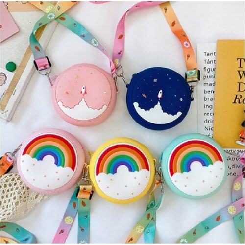 2 Pieces Round Crossbody Bag Kid Toddler Children Shoulder Handbag Adjustable Strap Holiday Travel Rainbow Printed Pocket Pack