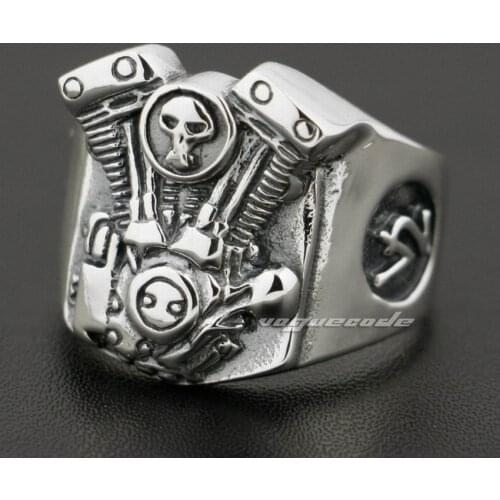 V2 Skull Motorcycle Engine 925 Sterling Silver Mens Biker Ring 8Y009