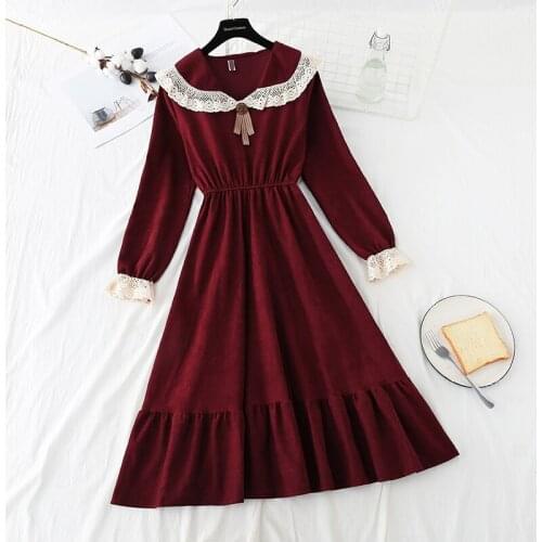 Japanese Style Doll Collar Waist Slimming Corduroy Long-Sleeved Dress Womens Autumn Winter kawaii clothing sweet Lolita dress