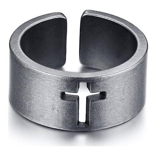 Vintage Oxidized Silver Color Rings for Men Boy Stainless Steel Cross Ring Christian Religious Male Jewelry