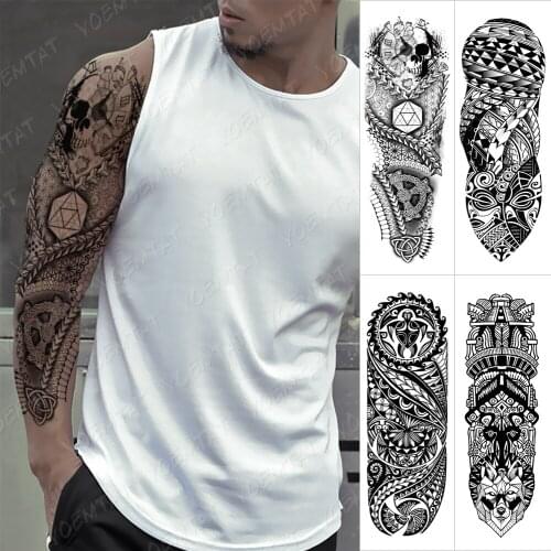 Waterproof Temporary Full Arm Tattoo Sticker Skull Totem Maori Tribal Geometric Flash Tatoo Man Body Art Fake Sleeve Tatto Women
