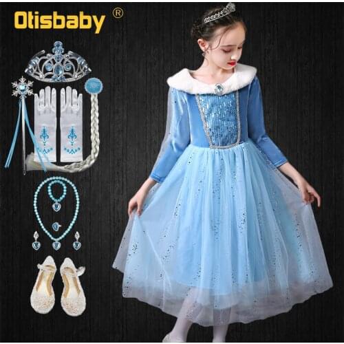 Christmas Fancy Girls Long Sleeve Velvet Elsa 2 Snow Queen Princess Dress Child Keep Warm Sequin Holiday Birthday Party Gown