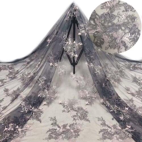 High Quality Black Mesh Lace Fabric Flowers Tulle Embroidery Craft Sewing Design DIY Wedding Dress 5 Yards Trimming Wholesale