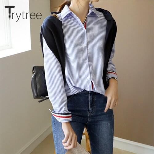 Trytree 2021 Spring Autumn Women Blouse Casual Turn-down Collar Single Breasted Striped Blue Shirts Office Lady Tops For Women