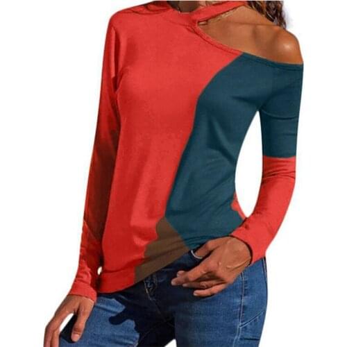 Diagonal Collar Off Shoulder Long Sleeve Ladies T-shirt Spring Autumn Solid Patchwork Top Casual Loose Large Size Women T-shirts