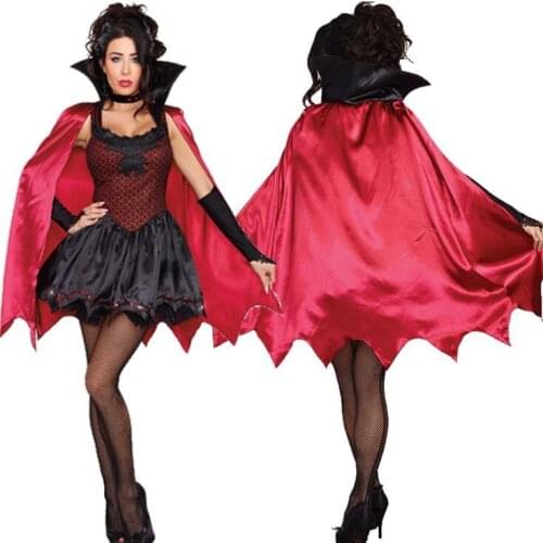 Women Sexy Gothic Vampire Costume Adult Ladies Halloween Classic Vampire Role Play Party Fancy Dress Up Uniform Outfit with Cape