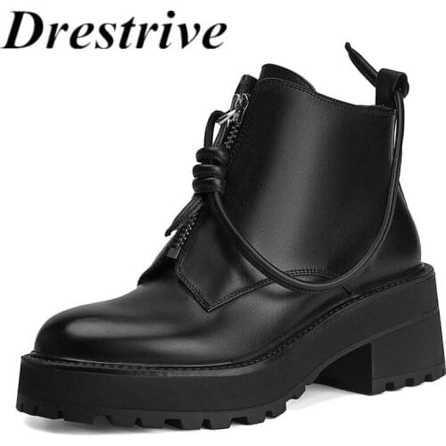 Drestrive Khaki Platform Round Toe Women Ankle Boots Full Genuine Leather 2021 Winter Shoes Thick Heels Zipper Non Slip