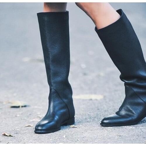 Women Black Knee High Round Toe Boots Ladies Winter Flat Heel Retro Design Vintage Shoes Female Long Boots Street Style Lady