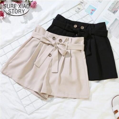 2021 New Plus Size Loose Office Lady Short Female High-Waisted Shorts Solid Color Bow with Button Street Fashion 9008 50