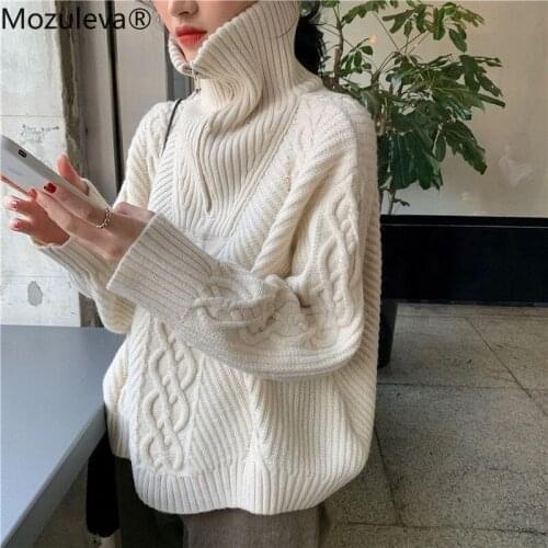 Mozuleva New 2021 Women Autumn Winter Zipper Turtleneck Twist Sweater Knitted Oversized Warm Fashionable Vintage Pullovers Tops