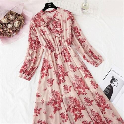 2021 New Spring Stand Collar Floral Print Women Dress Lace Up Female Pleated Dress Summer Party Midi Chiffon Vestidos Femme 261