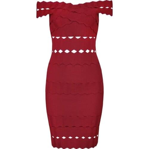 Elegant Off Shoulder Sleeveless Sexy Hollow Out Evening Party Solid Bodycon Bandage Pencil Dress Vestidos Red Wine Black Beige