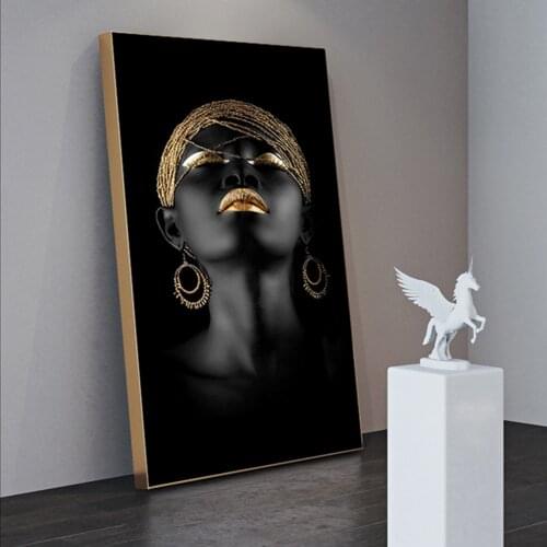 Golden African Woman Art Canvas Paintings On the Wall Art Posters And Prints Black Woman Canvas Pictures For Living Room Cuadros