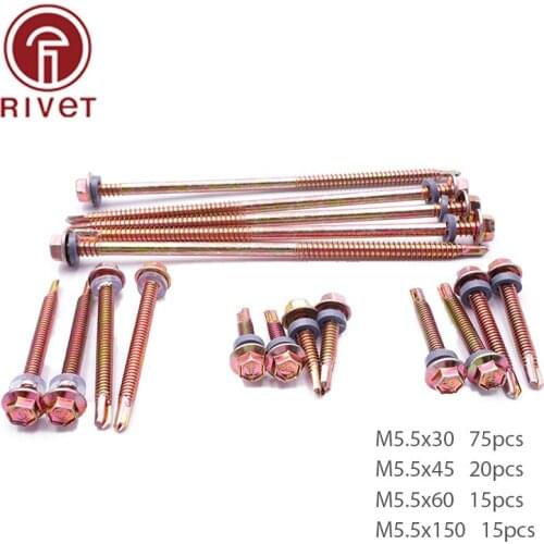 125 Pcs M5.5 Zinc-Plated Carbon Steel Hexagon Flange Head Wood Screw Kit Hex Washer Head Self Drilling Tapping Screw With Box