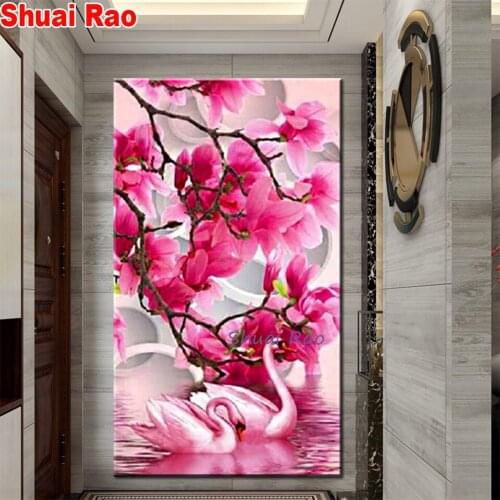 Pink flower swans 5d diamond painting full novelty 2020 mosaic art diamond embroidery sale lake landscape new living roon decor