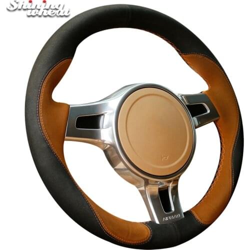 Shining wheat Black Brown Suede Car Steering Wheel Cover for Porsche Cayenne Panamera 2012 2013 2014