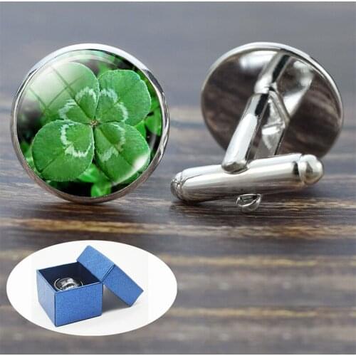 Four Leaf Clover Ireland Green Lucky Glass Alloy Cufflinks Irish Suit Cuff Links Men Shirt Accessories St Patricks Day Gift
